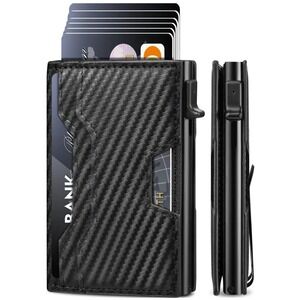 Carbon Fiber Minimalist Pop Up Wallet RFID Blocking Card Holder Money Clip Black